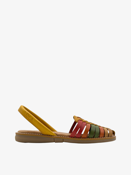 Vista lateral de sandalia menorquina BINIGAUS con trenzado multicolor (combi mango) en piel y talón color mango.